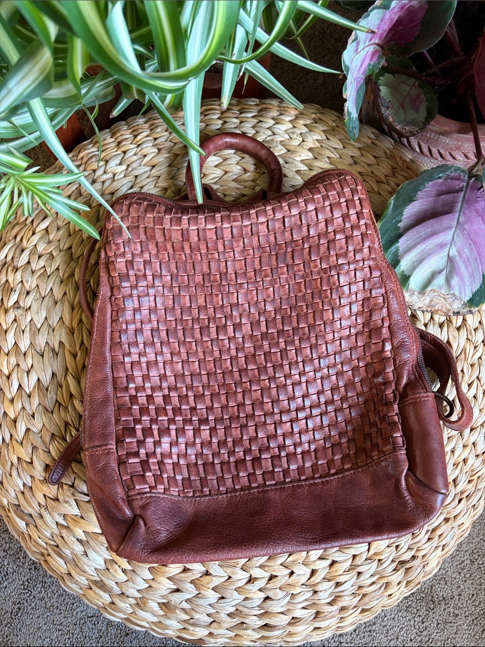 Vilencia Woven Leather Backpack in Congac Brown